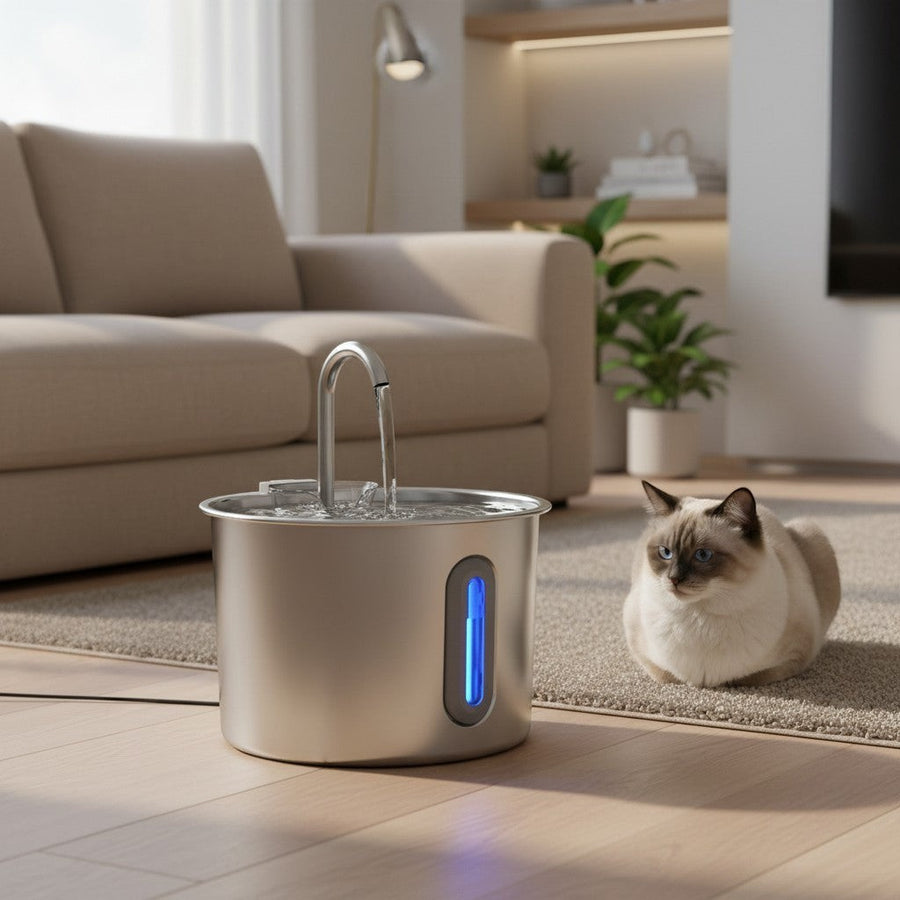 SafePaw™ stainless steel pet water fountain with a curved spout and blue LED water level indicator. Fresh water flows from the spout into the basin.