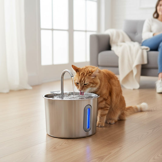 SafePaw™ stainless steel pet water fountain with a curved spout and blue LED water level indicator.