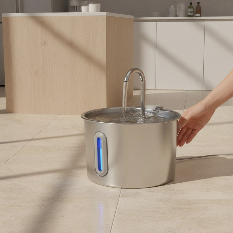 SafePaw™ stainless steel pet water fountain with a curved spout, blue LED indicator, and a hand reaching for it.