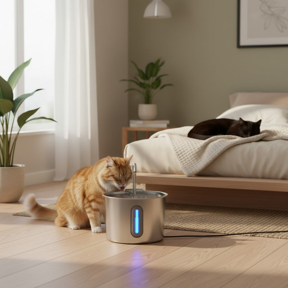 SafePaw™ stainless steel pet water fountain with blue LED indicator, being filled with water from a glass pitcher.